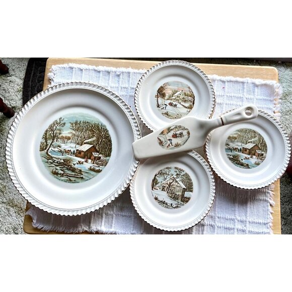Vintage Homer Laughlin 7-Piece Winter Scene Plate Set With Pie Server - Picture 4 of 5
